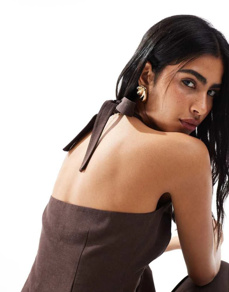 ASOS ASOS DESIGN linen blend tailored halter top in chocolate 3