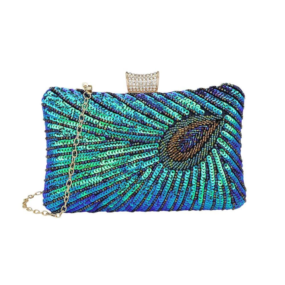 FASHNZFAB Beaded Sequin Peacock Clutch Evening Bag Crossbody Bag 2