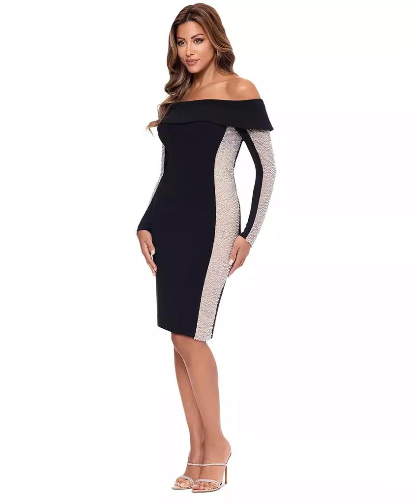 XSCAPE Women's Rhinestone-Mesh-Side Off-The-Shoulder Dress 3