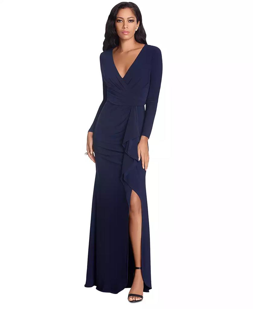 Betsy & Adam Betsy & Adam Women's Long-Sleeve Cascading-Ruffle Gown