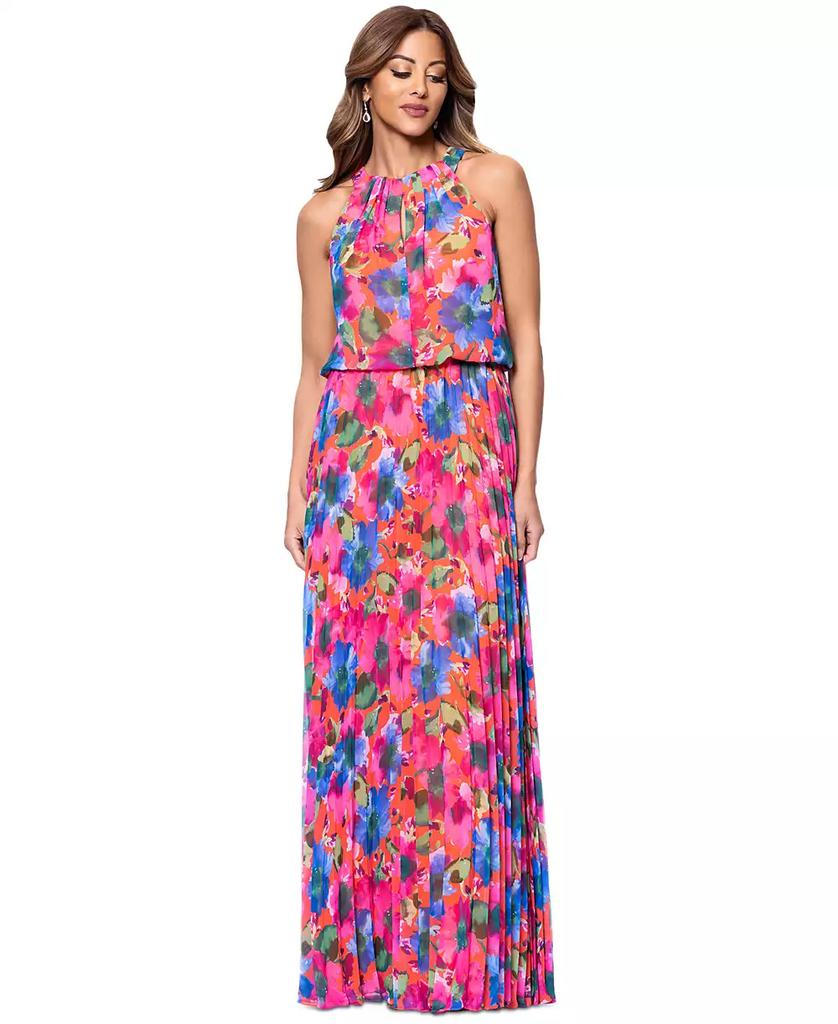 XSCAPE Women's Floral Chiffon Pleated Halter Gown
