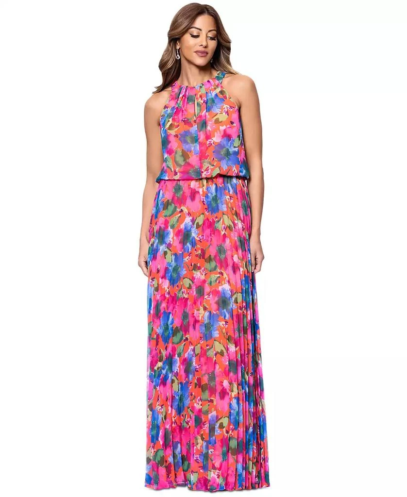 XSCAPE Women's Floral Chiffon Pleated Halter Gown 1