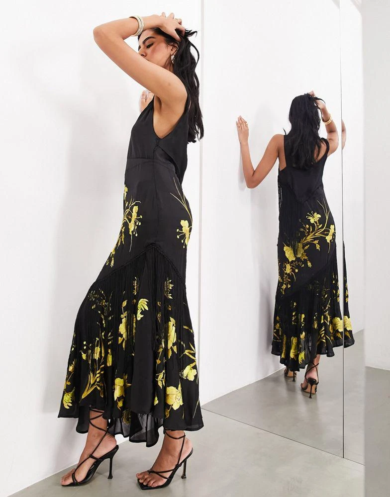 ASOS ASOS EDITION floral embroidered bias cut midi dress with fringe in black 3