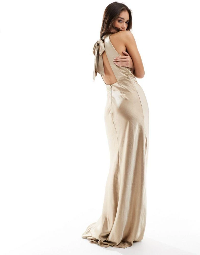 Six Stories Six Stories Bridesmaid satin halter maxi dress in champagne 2