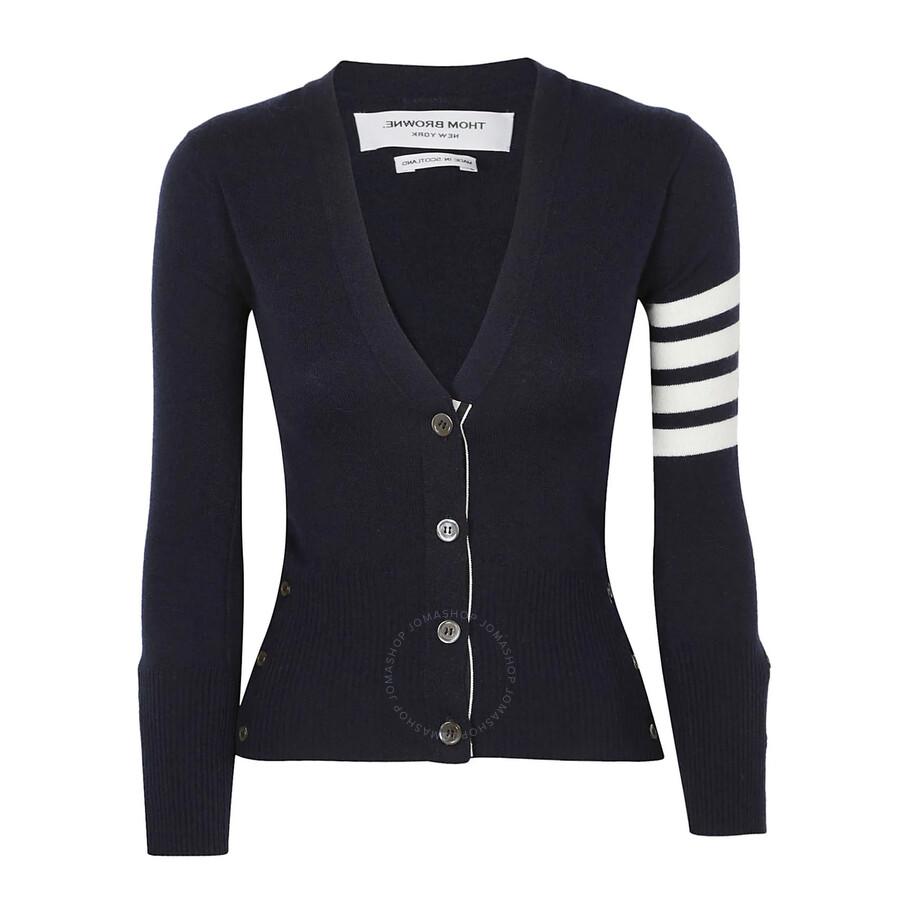 Thom Browne Ladies Navy Cashmere 4-Bar Classic V-Neck Cardigan