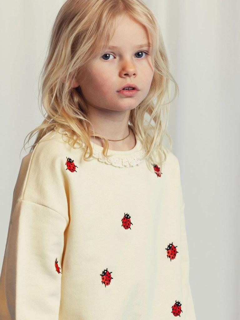 Mini Rodini Girls Ladybugs Embroidered Lace Sweatshirt in Ivory