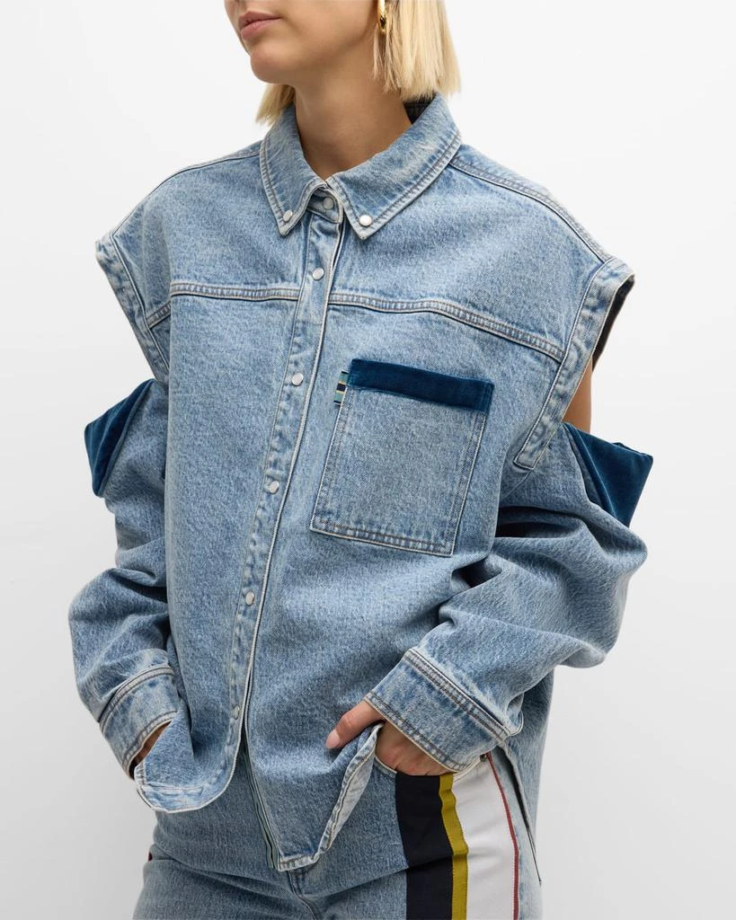 Hellessy Culter Velvet-Trim Cold-Shoulder Oversized Denim Shirt 6