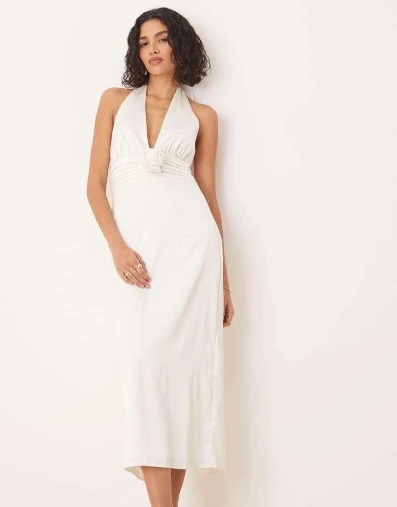 Shop Abercrombie & Fitch bridal plunge rosette column halter maxi dress in  white on Sale at BeyondStyle  Get 70% Off Abercrombie & Fitch bridal  plunge rosette column halter maxi dress in