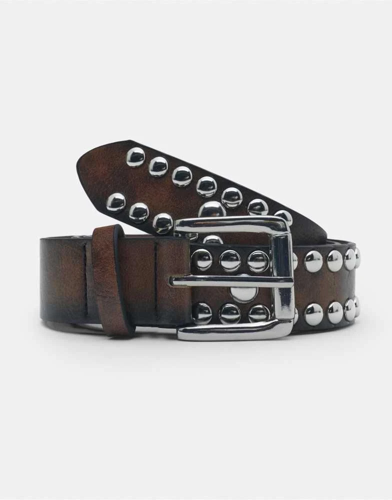 Pull&Bear Pull&Bear Leather effect studded belt in brown
