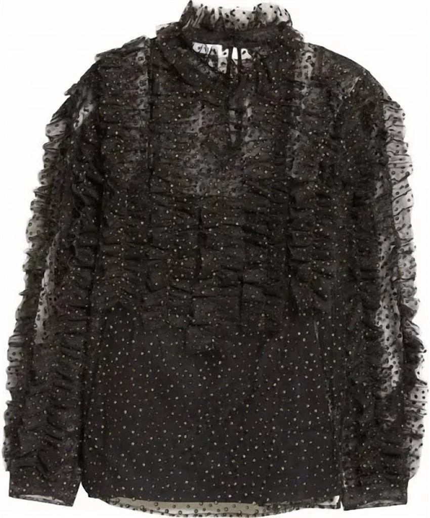 Akris Akris Punto - Embellished Sheer Ruffle Long Sleeve Tulle Top In Black-gold 1