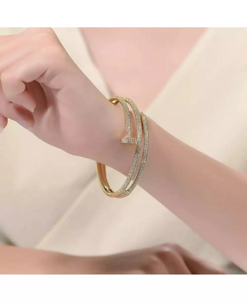 Rachel Glauber Modern 14K Gold Plated Triple-Row "Nail" CZ Bangle Bracelet 2