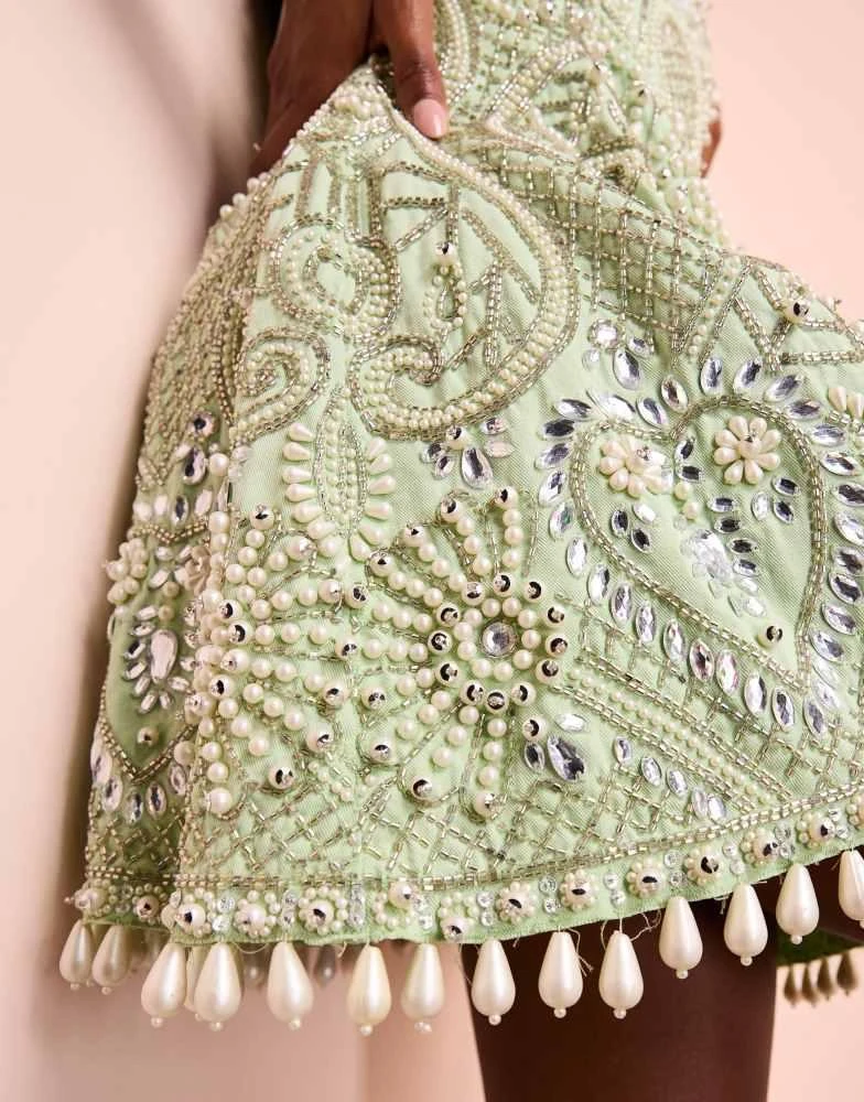 ASOS Luxe ASOS LUXE embellished cotton sweetheart caged mini dress in sage green 3