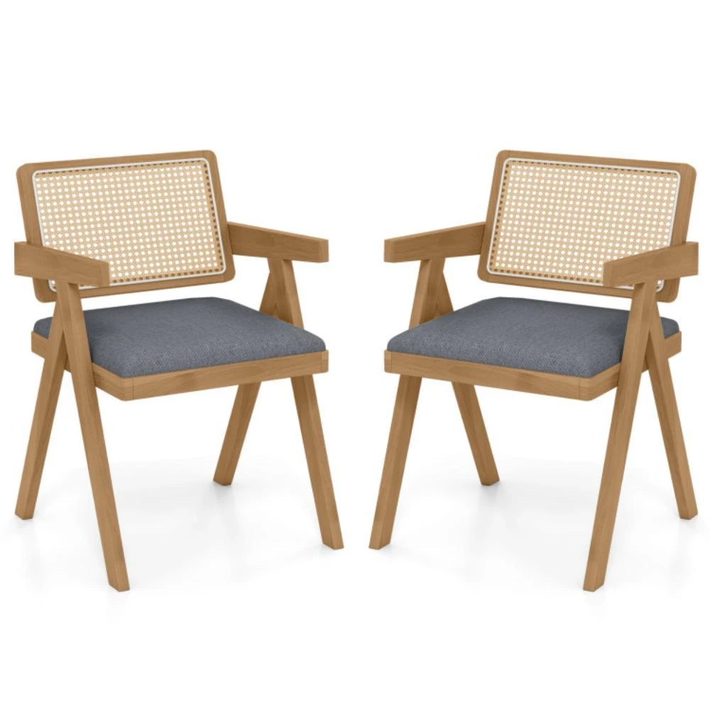 Padded Rattan Chair Set of 2 Rattan Accent Chairs with Padded Cushion and Rubber Wood Frame ...