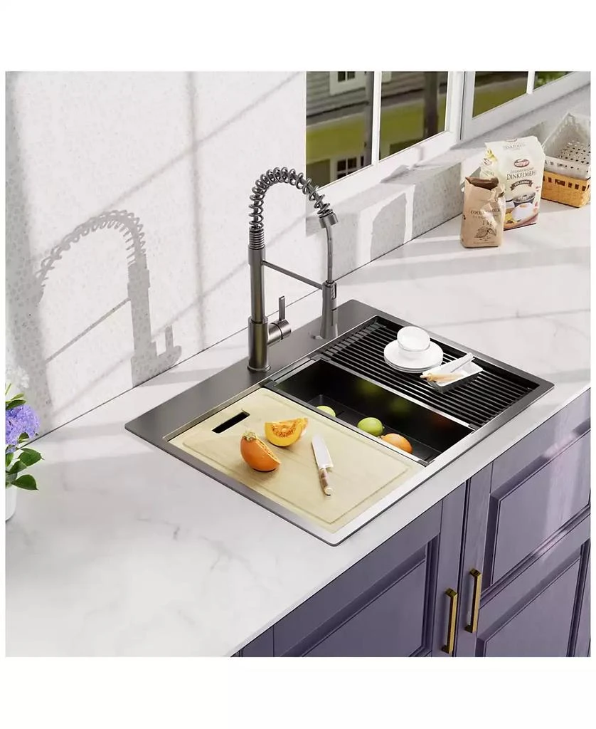 Flynama 27x22x10inch Gunmetal Kitchen Sink Topmount Stainless Steel Worksation Single Bowl 5