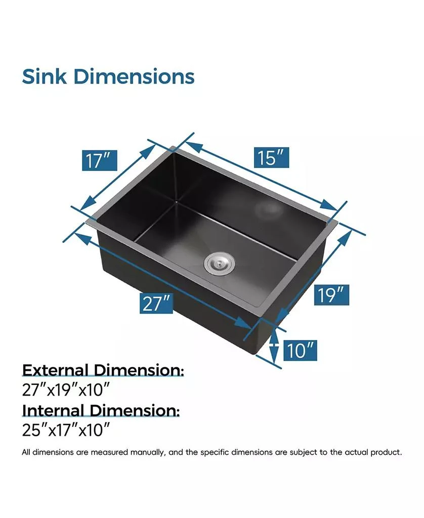 Flynama 27x19inch Black Stainless Steel Kitchen Sink Single Bowl Undermount Handmade 9