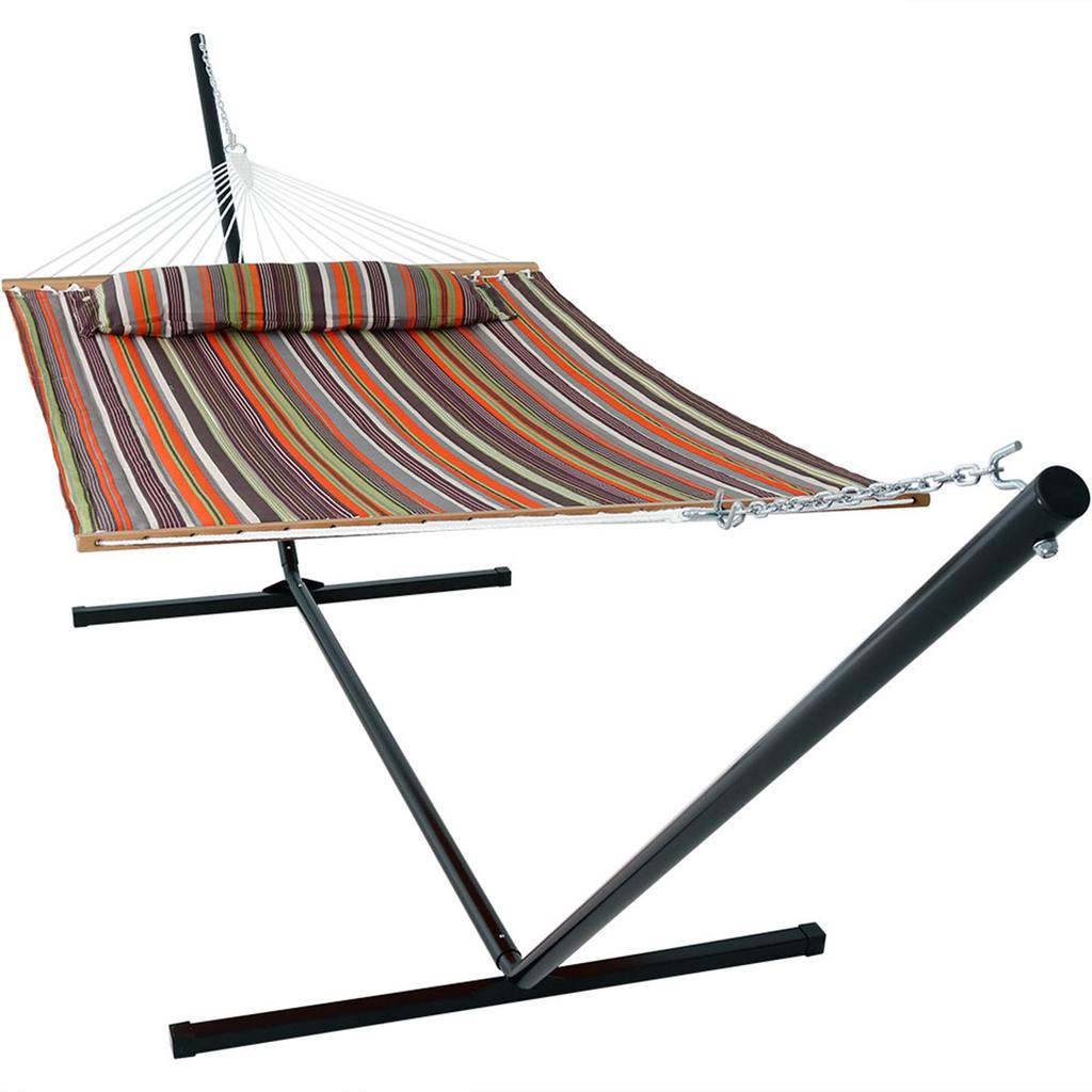 Sunnydaze 2-Person Quilted Fabric Spreader Bar Hammock with Detachable Pillow and Stand - 400 lb Weight Capacity/15' Stand