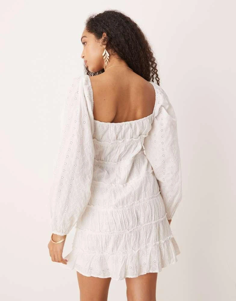 Gina Tricot long sleeve sweetheart neck eyelet mini dress in White