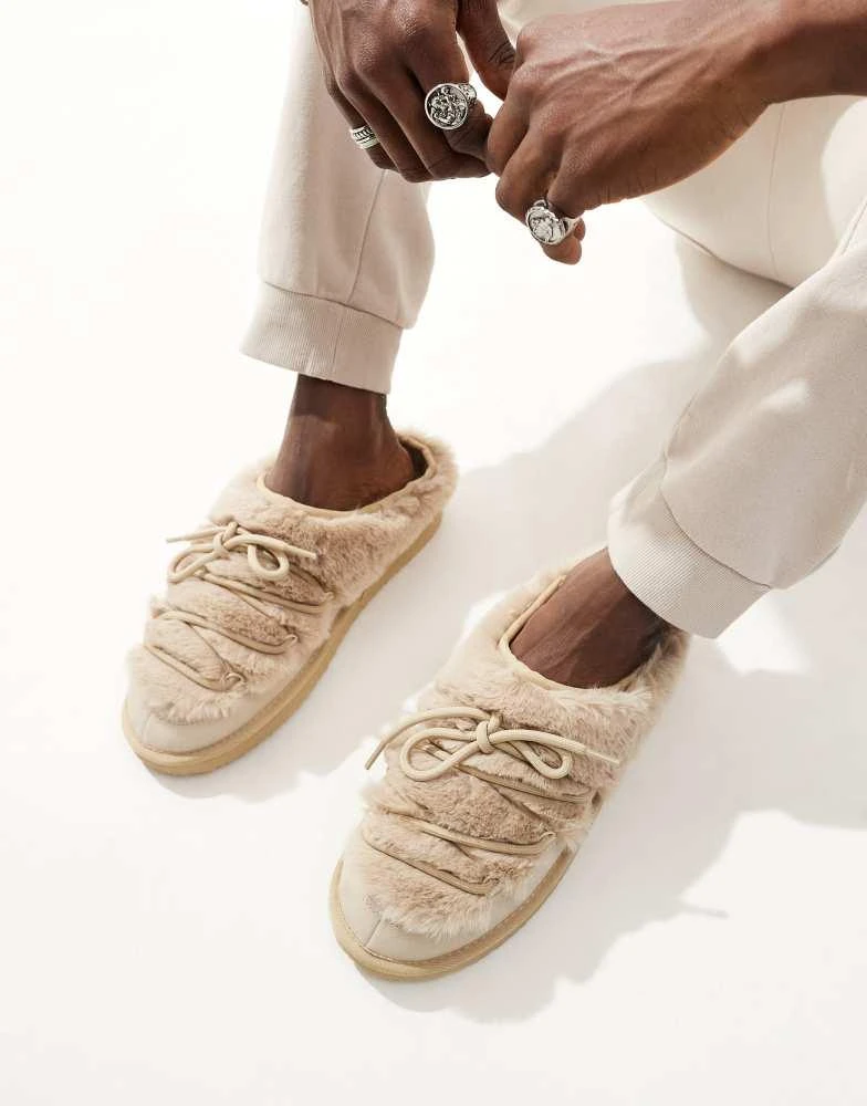 ASOS ASOS DESIGN chunky slippers in cream faux fur with laces 1