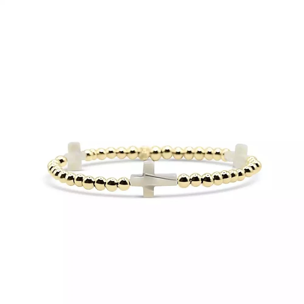 Bowood Lane 4mm Gold Filled Ball and Mother Of Pearl Cross Stretch Bracelet
