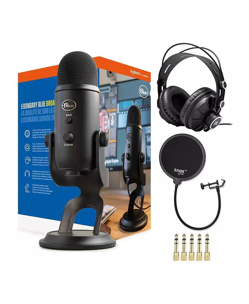 Blue Microphones Blue Yeti USB Microphone (Blackout) with Knox Gear Headphones and Pop Filter