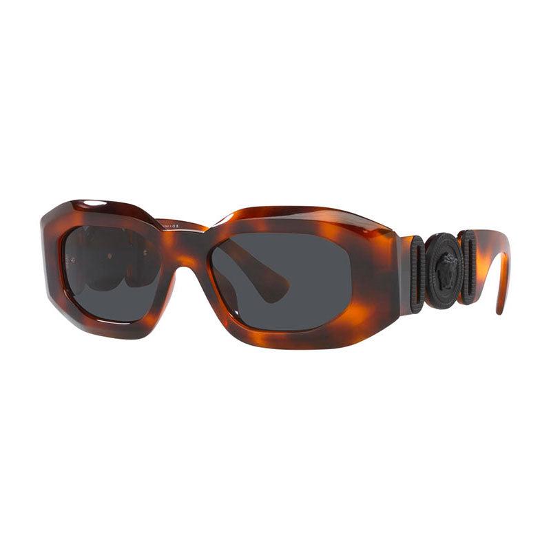 Versace Versace Oval Full Rim, with a Havana frame and Dark Grey lens.