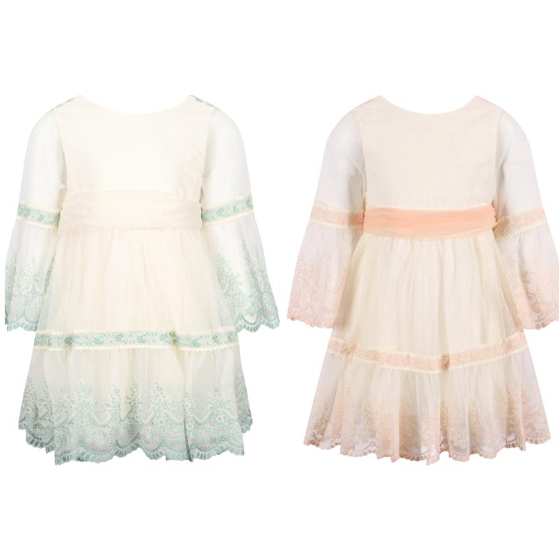 Abel & Lula Pack of 2 embroidered tulle dress with scalloped hem in cream mint and salmon pink