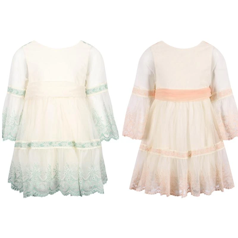 Abel & Lula Pack of 2 embroidered tulle dress with scalloped hem in cream mint and salmon pink 1