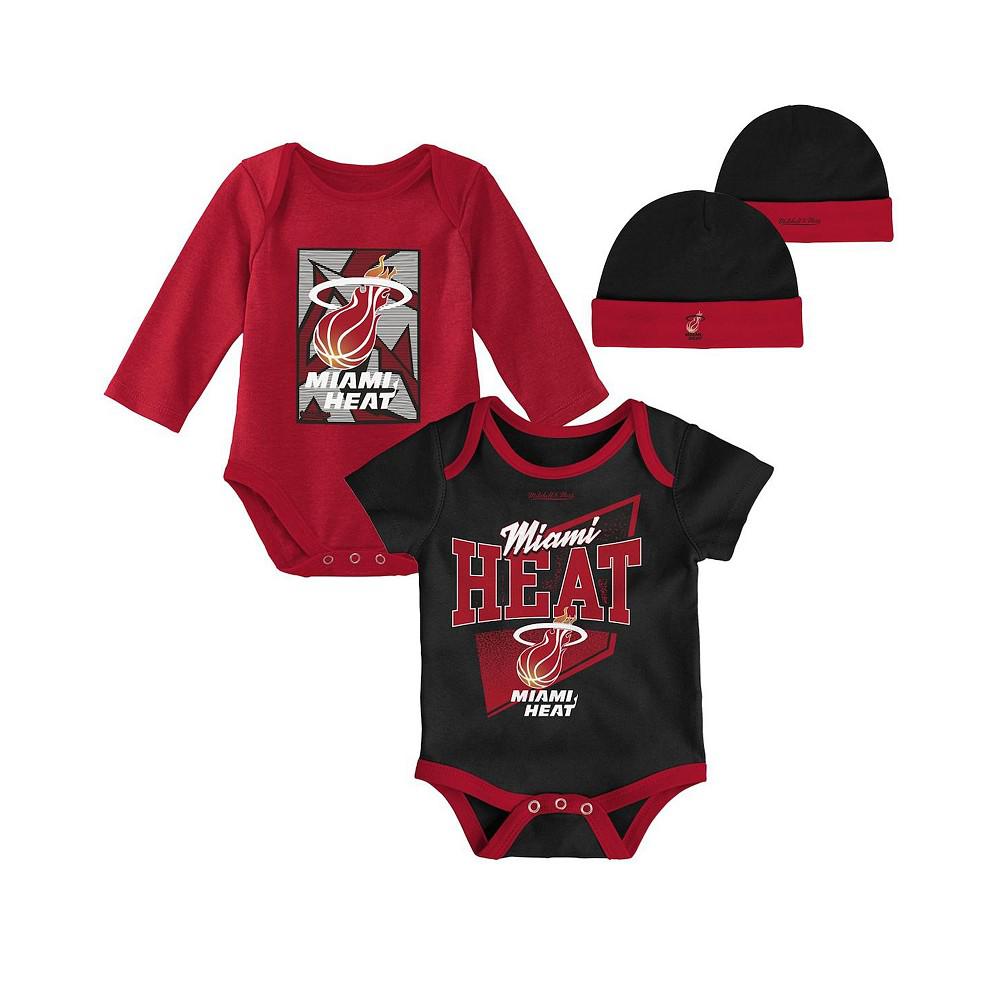 Mitchell & Ness Infant Boys and Girls Black, Red Miami Heat Hardwood Classics Bodysuits and Cuffed Knit Hat Set
