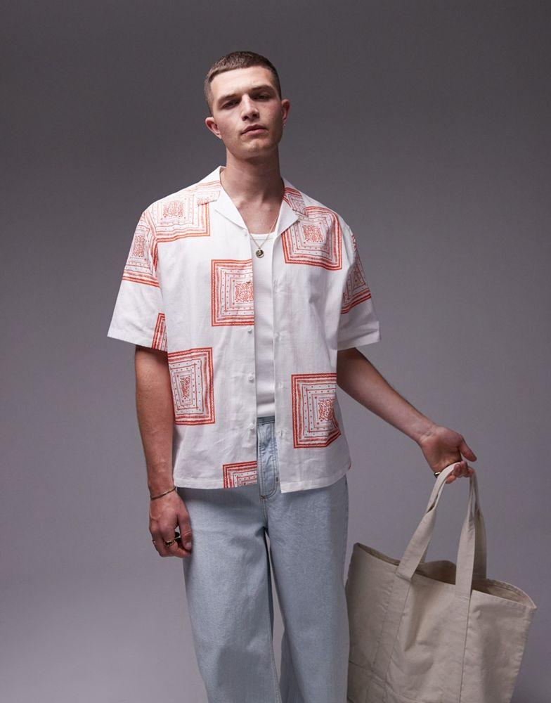 Topman Topman short sleeve revere printed shirt in white