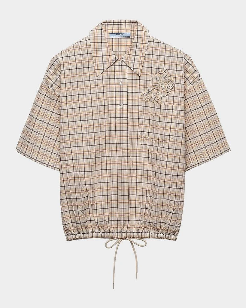 Prada Floral Embroidered Check Poplin Drawstring Top