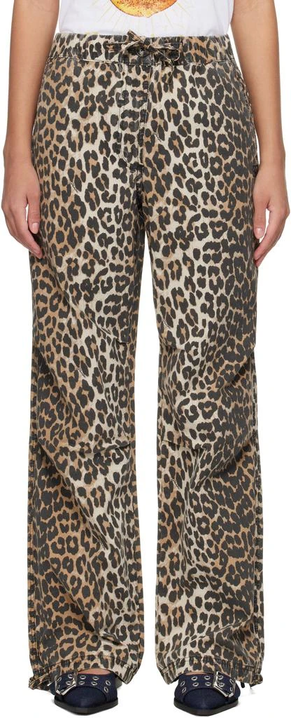Ganni Brown Leopard Washed Cotton Canvas Drawstring Trousers 1
