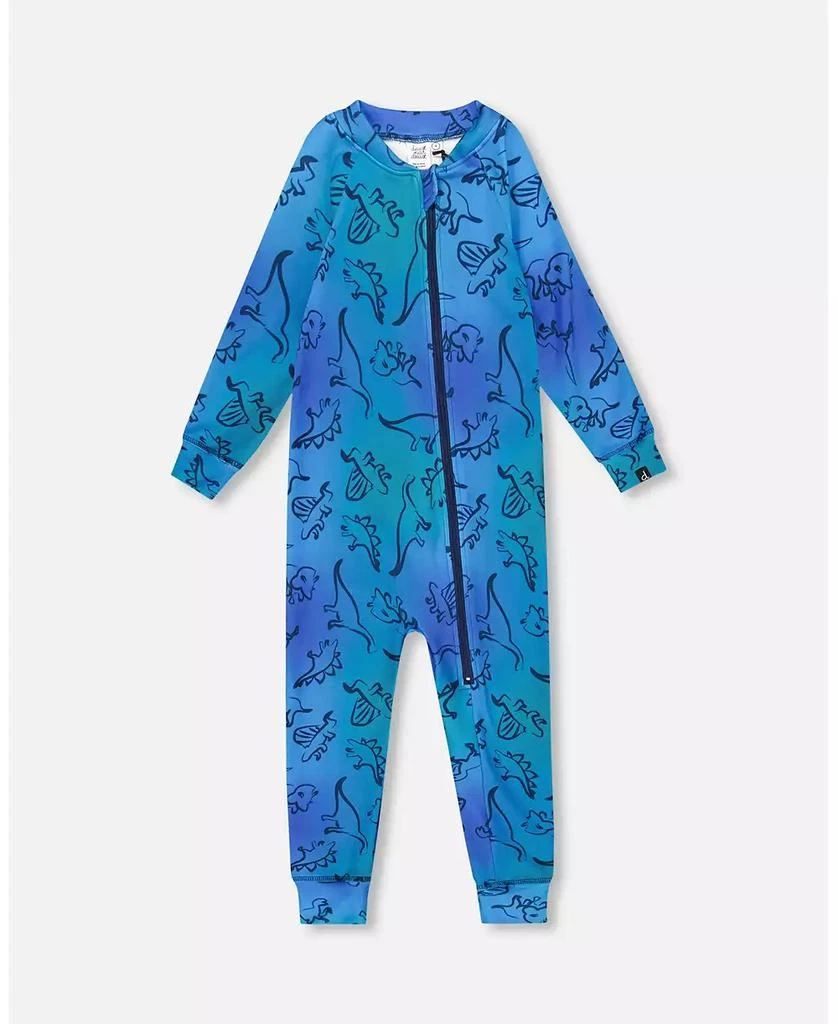 Deux par Deux Toddler Boys One-Piece Thermal Underwear Blue Gradient Dinosaur Print - Toddler|Child