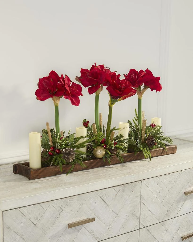T&C Floral Company Amaryllis 37" Faux Floral Arrangement in Wood Tray with Candles 1