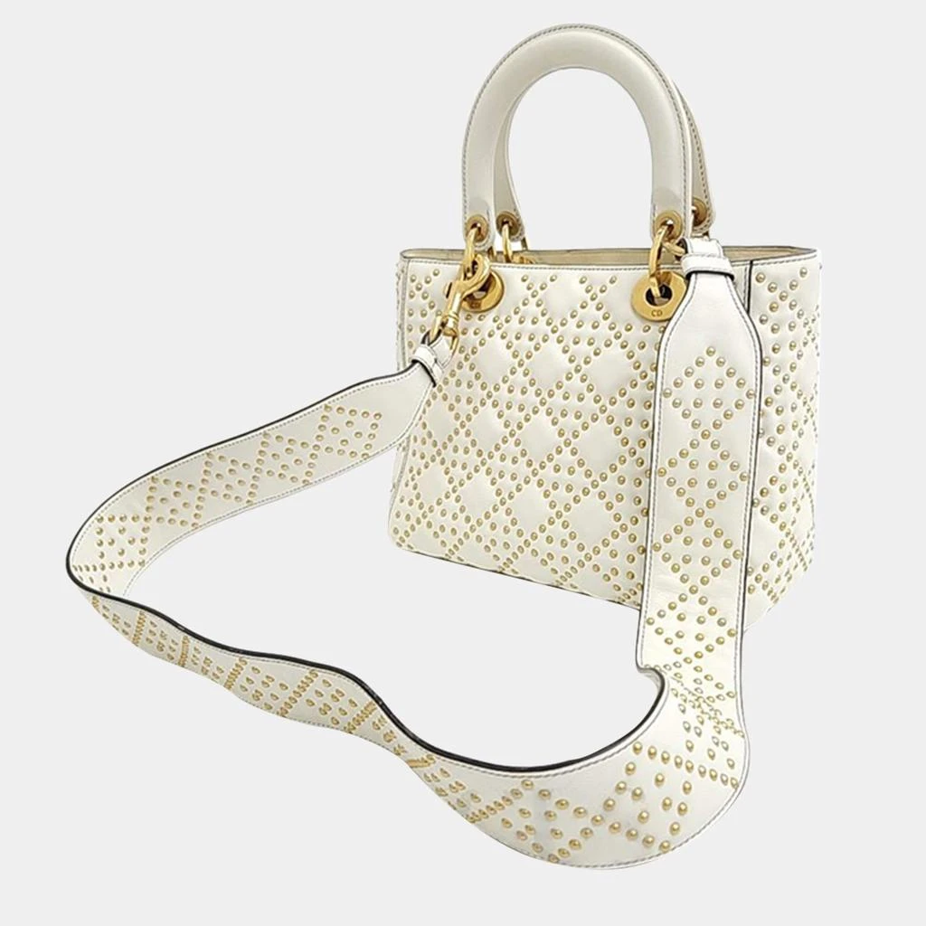 Dior Christian Dior Ivory Leather Studded Cannage Medium Lady Dioe Top Handle Bag 2