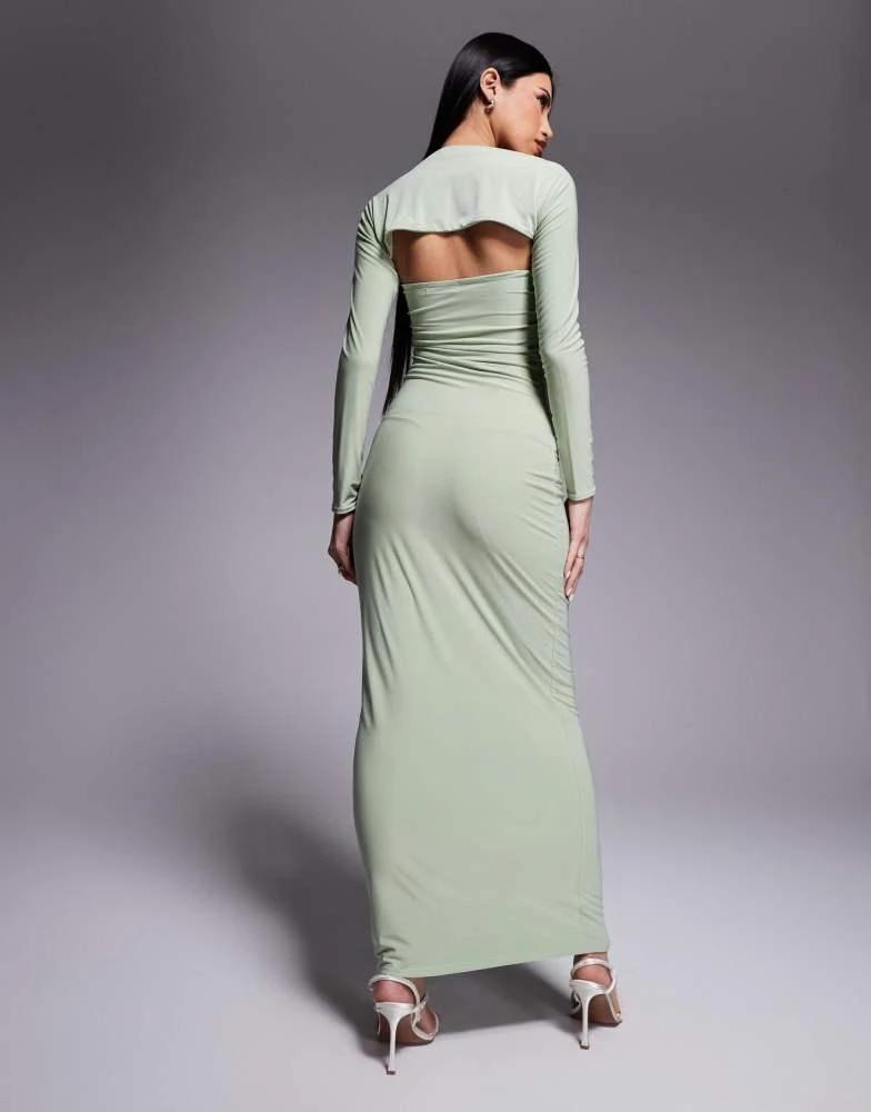 Shop Kaiia exclusive double layered slinky bandeau maxi dress with long  sleeve shrug in sage on Sale at BeyondStyle  Get 75% Off Kaiia exclusive  double layered slinky bandeau maxi dress with