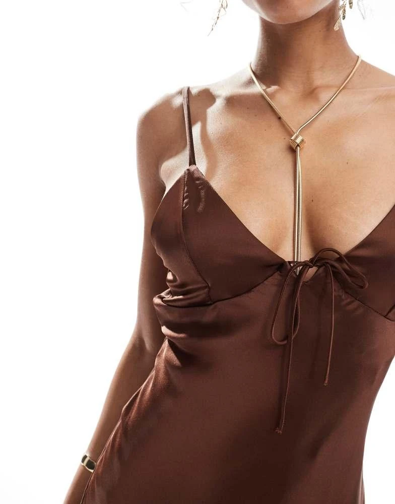 Bershka Bershka tie front satin maxi dress in brown 2