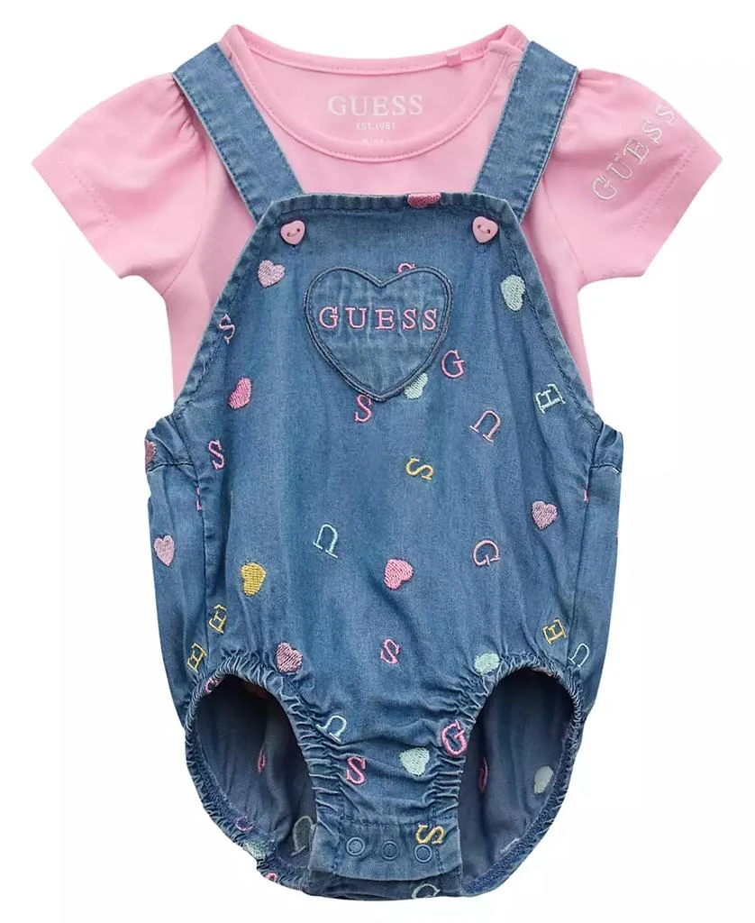 GUESS Baby Girls 2-Piece Short Sleeve Bodysuit and Embroidered Overall Set 1