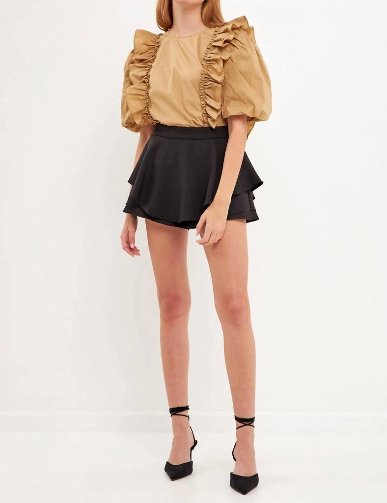 English Factory Double Ruffle Poplin Puff Sleeve Blouse In Tawny 2