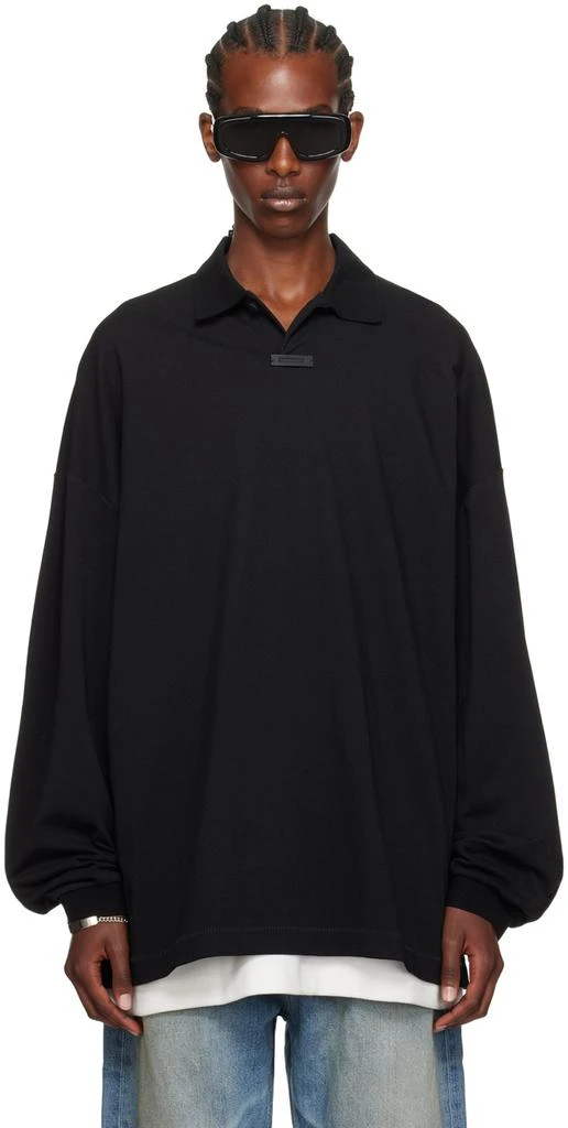 Essentials Black Logo Patch Long Sleeve Polo 1