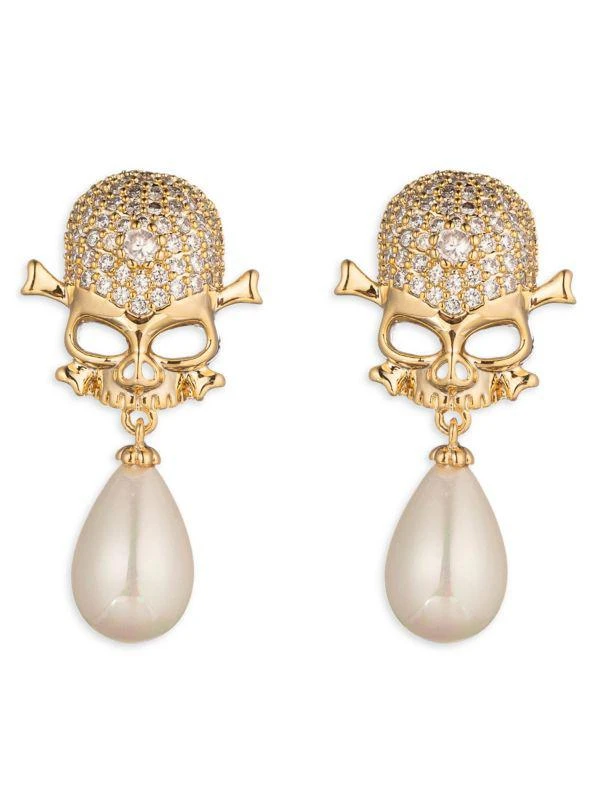 Eye Candy LA Luxe 18K Goldplated Cubic Zirconia & Simulated Pearl Skull Drop Earrings 1