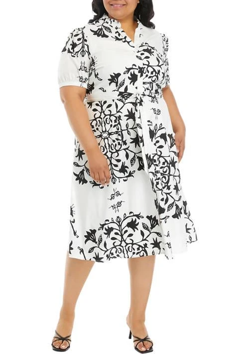 Tahari Plus Size Short Sleeve Split Neck Cotton Dress 1