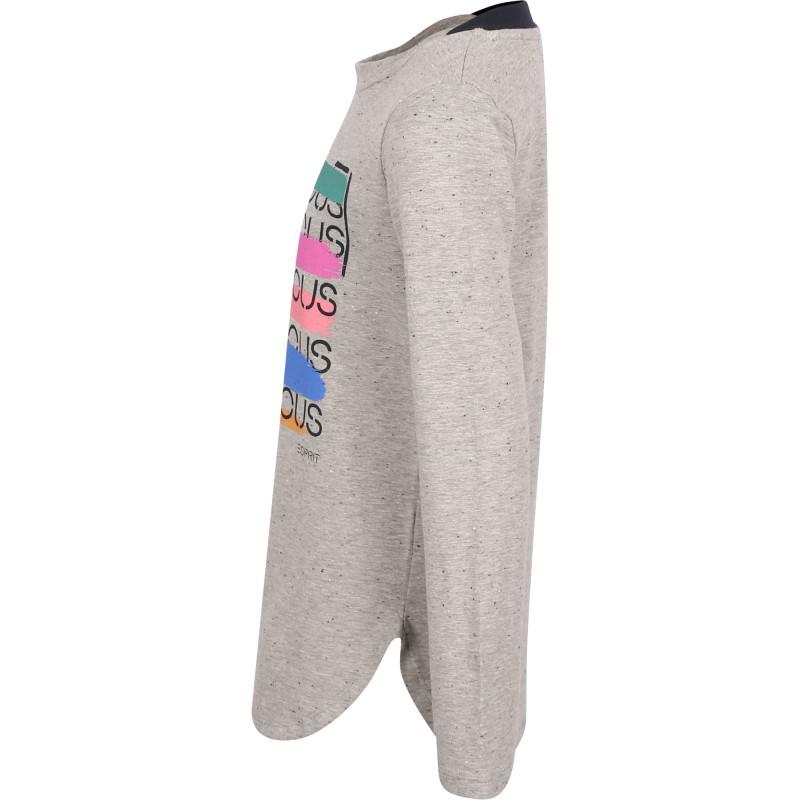 Esprit Be curious text rounded edge long sleeve t shirt in grey