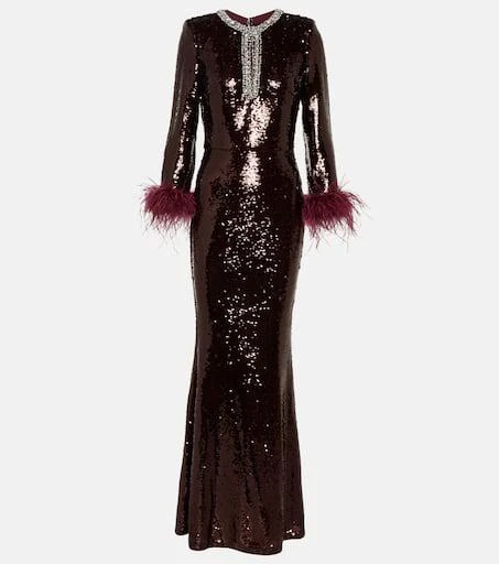 Self Portrait Feather-trimmed sequined maxi dress 1