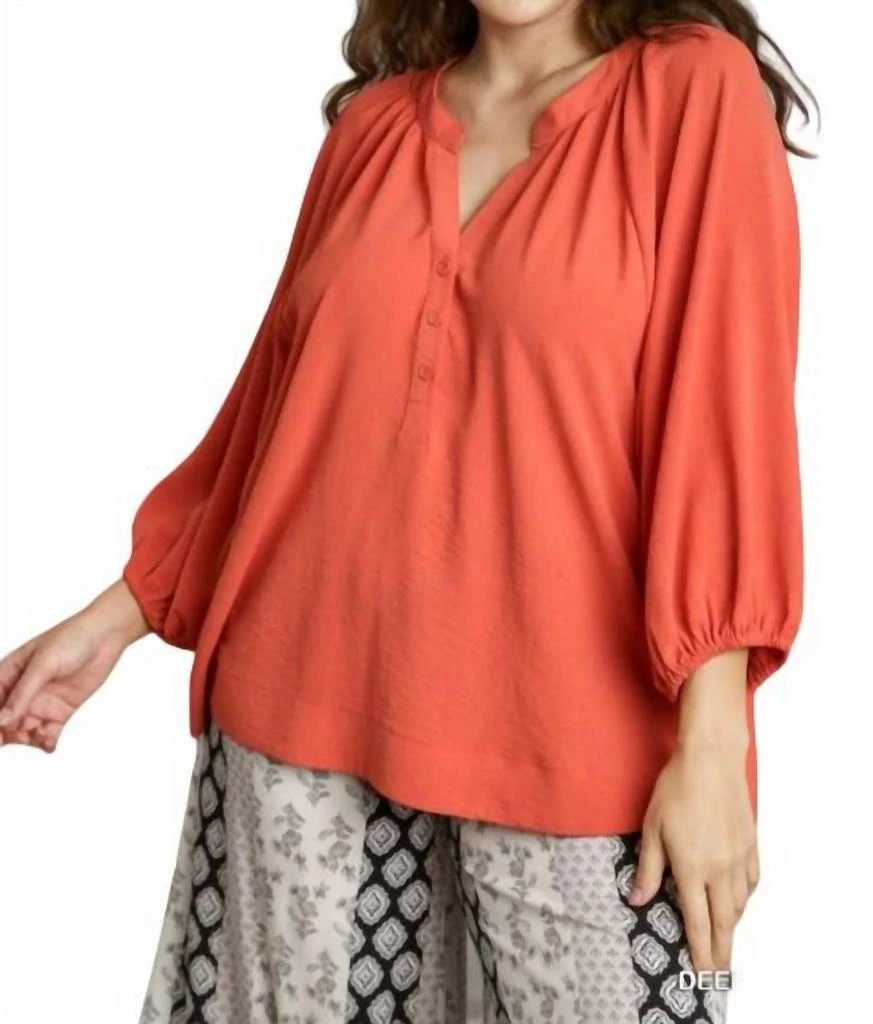 umgee Raglan Sleeve High Low Hem Blouse - Plus In Deep Coral 1