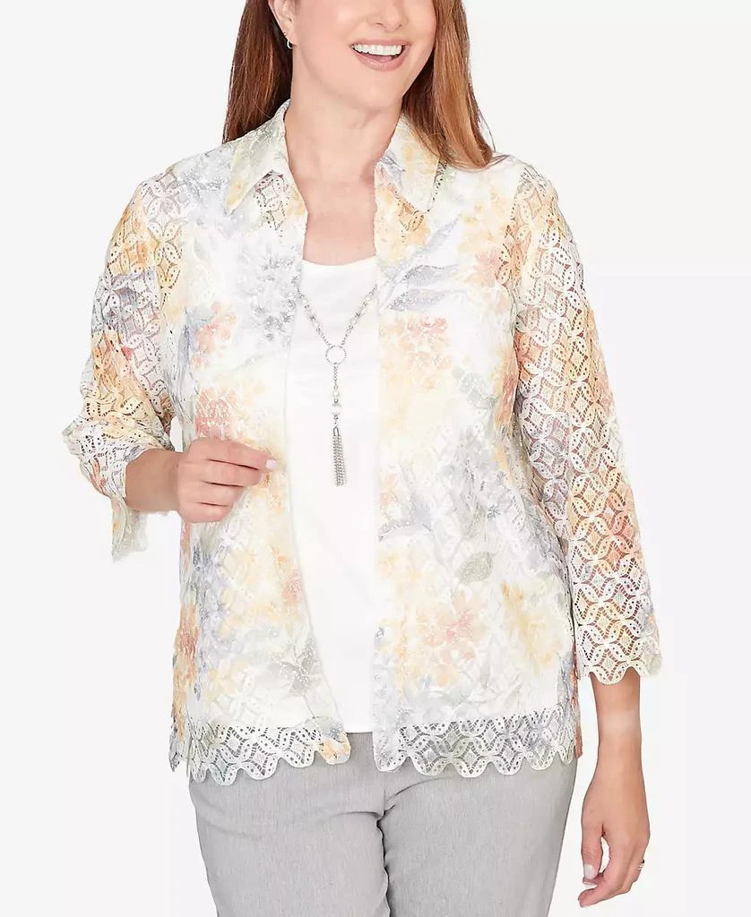 Alfred Dunner Women
s  Al Fresco Lace Floral Two In One Top with Necklace