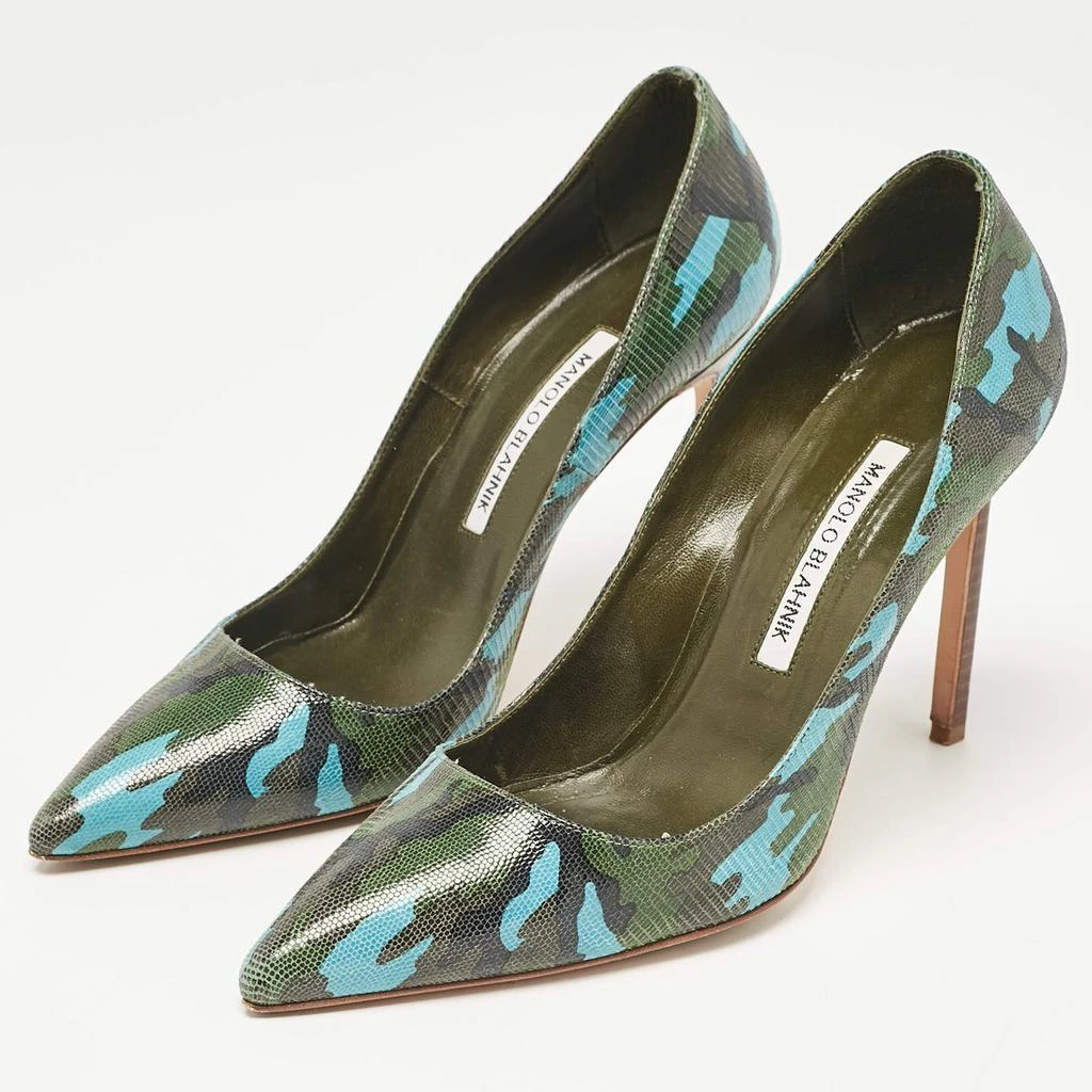 Manolo Blahnik Manolo Blahnik Tricolor Camouflage Print Embossed Lizard Pointed Toe Pumps Size 38 2