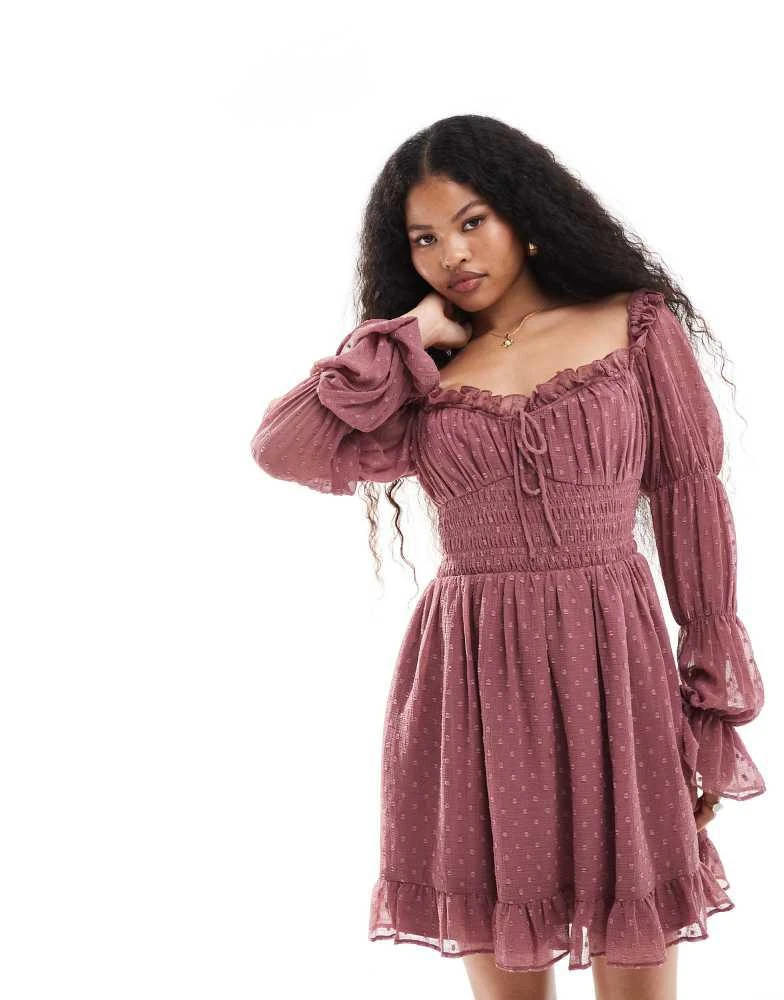 ASOS DESIGN Petite dobby milkmaid long sleeve shirred waist mini dress in DUSKY  PINK  On Sale Now with Up to 60% Off | Discover Exclusive Deals & Savings  at BeyondStyle