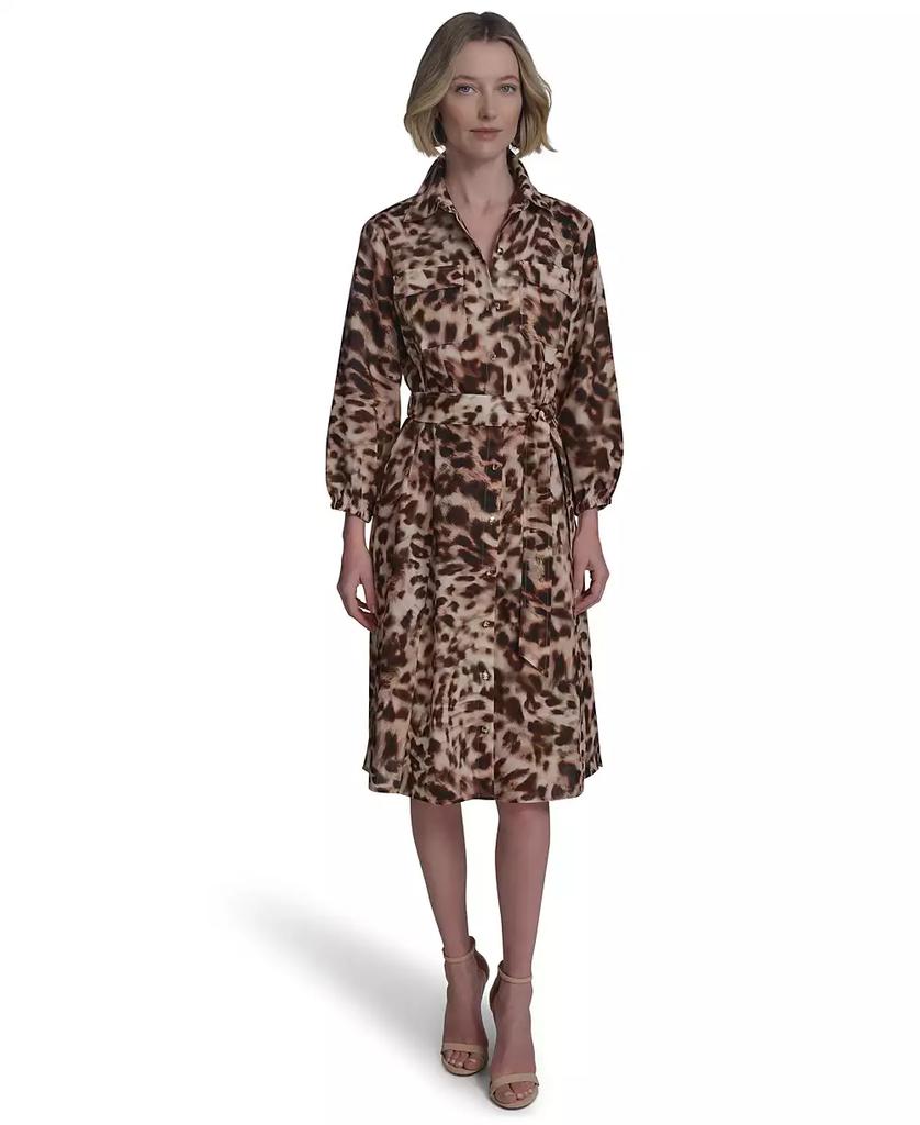 HALSTON Women's Cotton Printed Tie-Waist Shirtdress