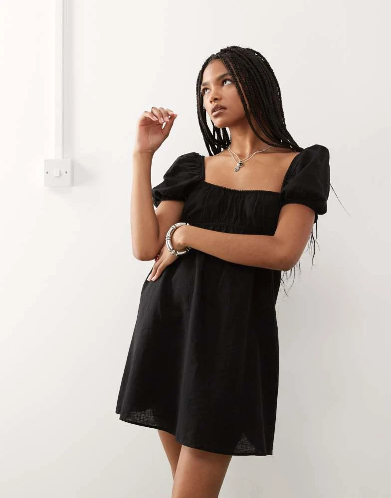 Monki Monki linen mini dress with puff sleeves in black exclusive to ASOS 2