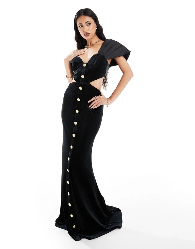 ASOS DESIGN velvet gold button detail maxi dress with contrast satin  sleeves in black  On Sale Now with Up to 70% Off | Discover Exclusive  Deals & Savings at BeyondStyle
